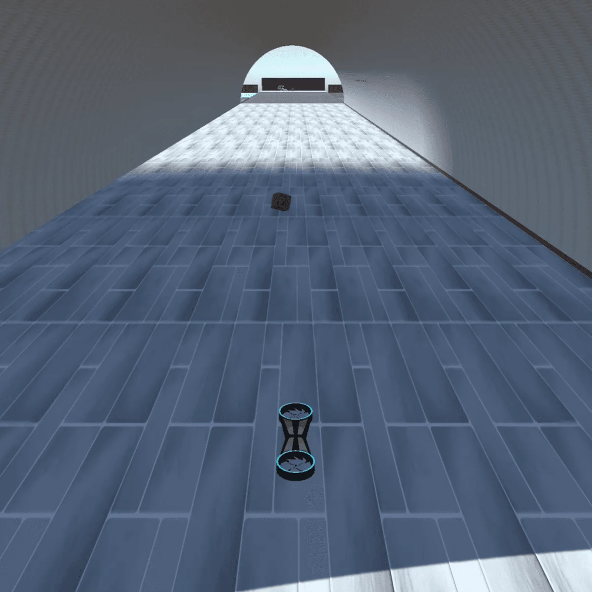 A hoverboard rider on a steep grey ramp beneath a white dome in the Hover Dash prototype.