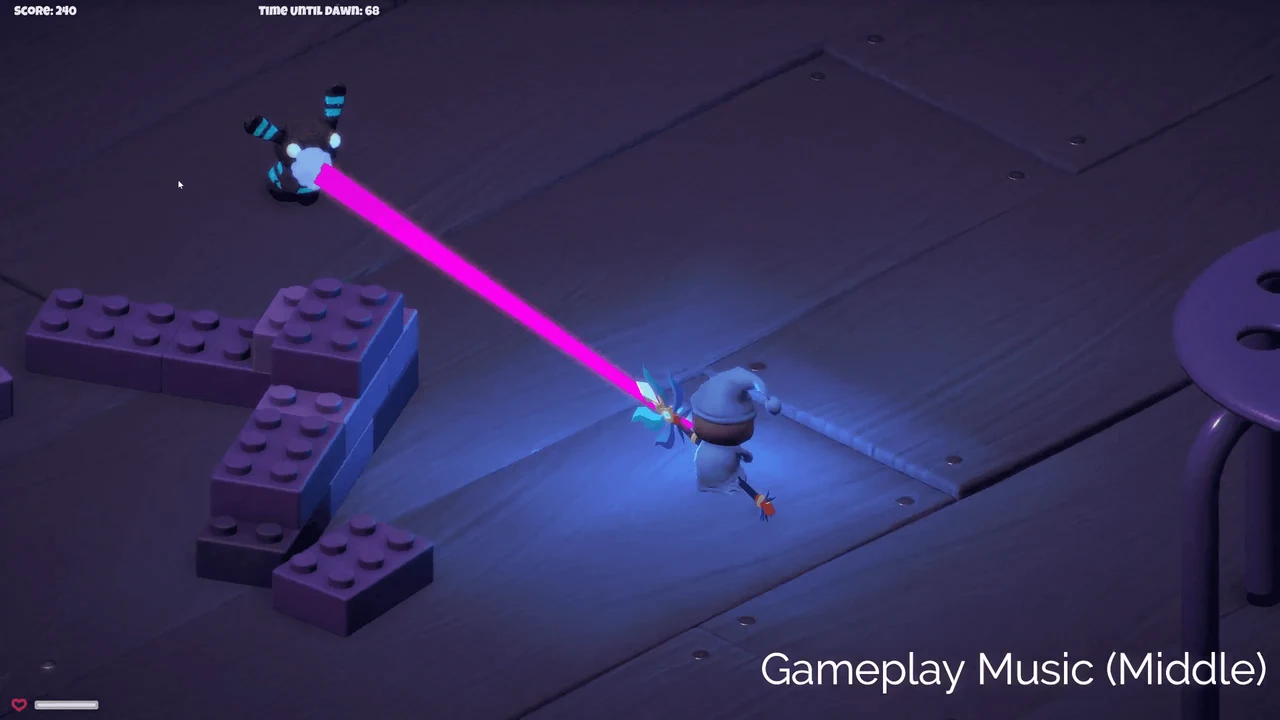 A character firing a bright pink magical beam at toy enemies in Nightmare Wizard’s dark bedroom arena.