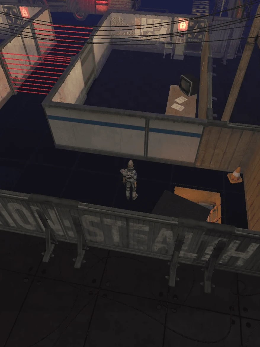 An overhead view of an industrial walkway in the Stealth Game prototype.