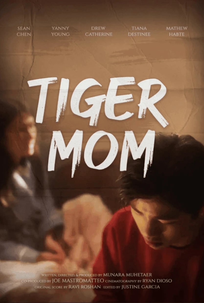 Tiger Mom film poster in warm brown tones, with the title above a young man looking down.