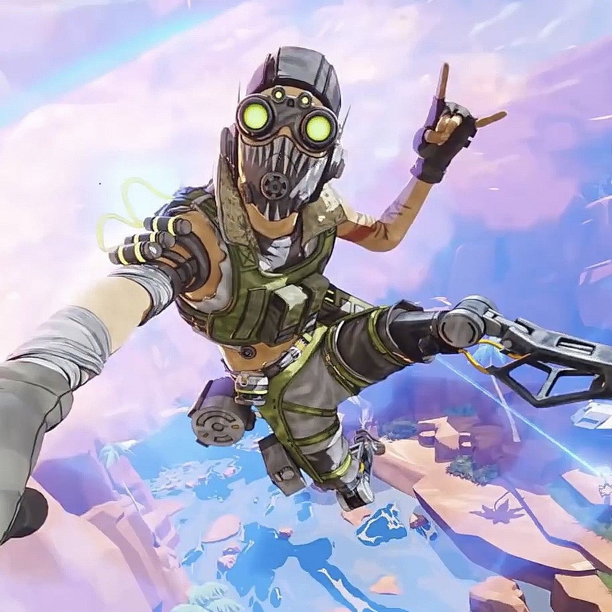 Illustrated Apex Legends artwork showing Octane skydiving against a pastel sky.