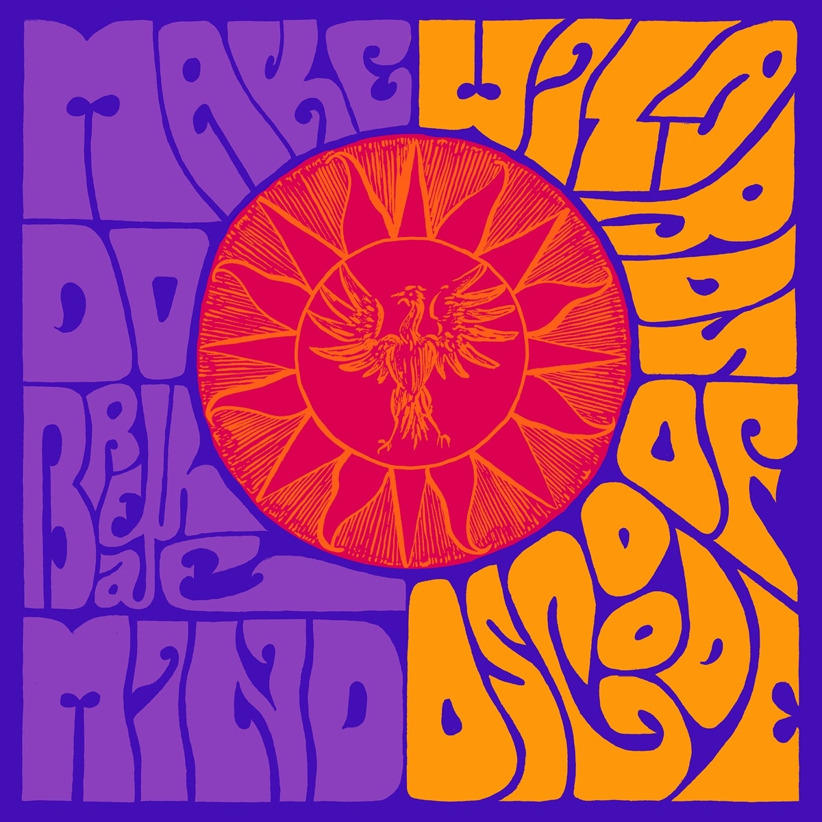 Make Do Breathe Mind album artwork with purple and orange lettering surrounding a red sun and bird motif.