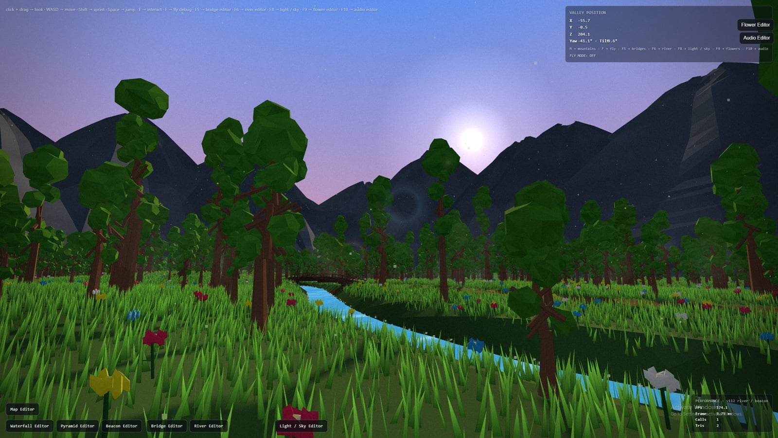 StillPoint’s development environment: a low-poly wooded valley with a river, flowers, mountains and real-time editing controls.